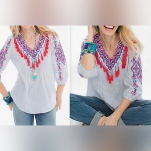 Chico's Boho Blouse Sz 2 (L) Tassels Peasant‎ Embroidered Striped Boxy Hippie